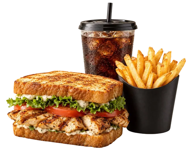 Sandwich, khoai tây chiên và Cola